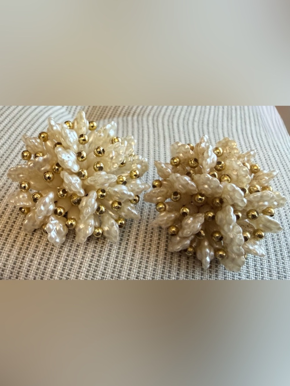 Faux Pearl Floral Cluster Vintage Clip-On Earrings in Cream & Gold unique design